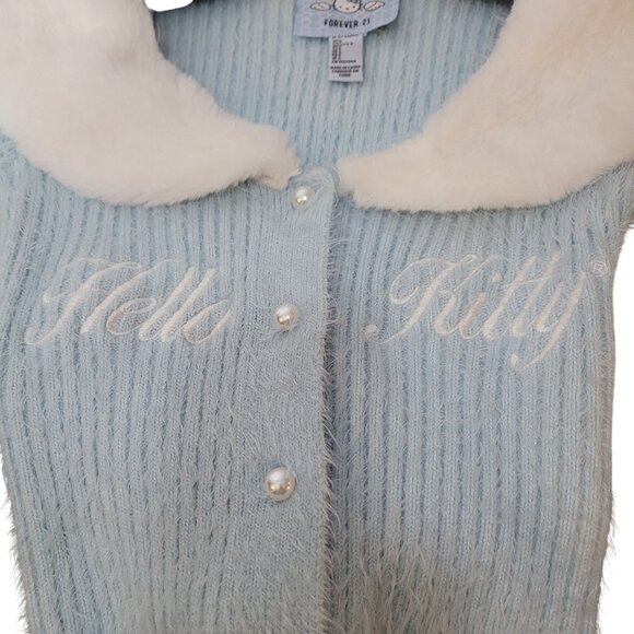 Hello Kitty & Friends X Forever 21 Blue Knit Cardigan W/Faux Fur Collar & Cuff - Picture 5 of 16